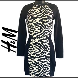 H&M black/white long sleeve zebra print body cone mini dress size 2